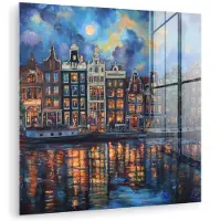 MuchoWow Glasschilderij 50x50 cm - Schilderij acrylglas - Grachten Amsterdam - Huizen - Stad - Kleurrijk - Foto op glas - Muurdecoratie woonkamer - Wanddecoratie slaapkamer - Schilderijen