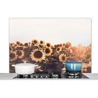 KitchenYeah Spatscherm keuken 120x80 cm - Kookplaat achterwand Zonnebloemen - Veld - Zonsondergang - Bloemen - Geel - Muurbeschermer - Spatwand fornuis - Hoogwaardig aluminium