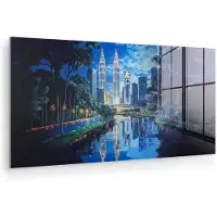 MuchoWow Glasschilderij 160x80 cm - Schilderij acrylglas - Stad Kuala Lumpur - Skyline - Wolkenkrabbers - Water - Foto op glas - Muurdecoratie woonkamer - Wanddecoratie slaapkamer - Schilderijen