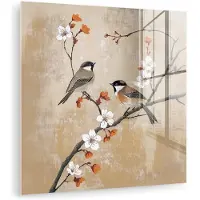 MuchoWow Glasschilderij 90x90 cm - Schilderij acrylglas - Vogels - Bloesemtak - Bloemen - Oranje - Foto op glas - Muurdecoratie woonkamer - Wanddecoratie slaapkamer - Schilderijen