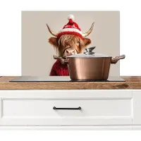 KitchenYeah Spatscherm keuken 70x50 cm - Kookplaat achterwand Schotse Hooglander - Kerst - Muts - Trui - Winter - Muurbeschermer - Spatwand fornuis - Hoogwaardig aluminium