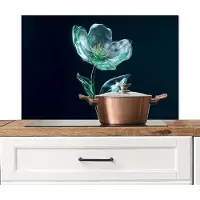 KitchenYeah Spatscherm keuken 90x60 cm - Kookplaat achterwand Bladeren - Bloem - Glazen - Donkerblauw - Muurbeschermer - Spatwand fornuis - Hoogwaardig aluminium