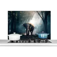 KitchenYeah Spatscherm keuken 100x65 cm - Kookplaat achterwand Olifant - Dieren - Licht - Bos - Natuur - Wilde dieren - Muurbeschermer - Spatwand fornuis - Hoogwaardig aluminium