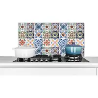 KitchenYeah Spatscherm keuken 80x40 cm - Kookplaat achterwand Design - Bloemen - Oranje - Blauw - Abstract - Muurbeschermer - Spatwand fornuis - Hoogwaardig aluminium