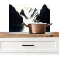 KitchenYeah Spatscherm keuken 70x50 cm - Kookplaat achterwand Roeiboot - Mistig - Bergen - Vogels - Muurbeschermer - Spatwand fornuis - Hoogwaardig aluminium