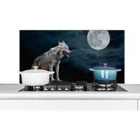 KitchenYeah Spatscherm keuken 100x50 cm - Kookplaat achterwand Wolf - Maan - Nacht - Dieren - Portret - Muurbeschermer - Spatwand fornuis - Hoogwaardig aluminium