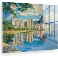 MuchoWow Glasschilderij 120x90 cm - Schilderij acrylglas - Berg - Skyline - Strand - Water - Foto op glas - Muurdecoratie woonkamer - Wanddecoratie slaapkamer - Schilderijen