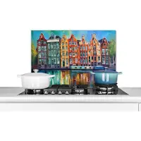 KitchenYeah Spatscherm keuken 70x50 cm - Kookplaat achterwand Amsterdam - Olieverf - Gracht - Schilderij - Kunst - Muurbeschermer - Spatwand fornuis - Hoogwaardig aluminium
