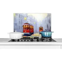 KitchenYeah Spatscherm keuken 60x40 cm - Kookplaat achterwand Schilderij - Tram - Stad - Olieverf - Muurbeschermer - Spatwand fornuis - Hoogwaardig aluminium
