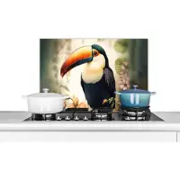 KitchenYeah Spatscherm keuken 70x50 cm - Kookplaat achterwand Toekan - Vogel - Bloemen - Planten - Muurbeschermer - Spatwand fornuis - Hoogwaardig aluminium