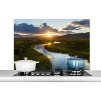 KitchenYeah Spatscherm keuken 100x65 cm - Kookplaat achterwand Rivier met uitzicht op een zonsondergang - Muurbeschermer - Spatwand fornuis - Hoogwaardig aluminium
