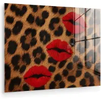 MuchoWow Glasschilderij 120x90 cm - Schilderij acrylglas - Lippen - Drie - Rood - Panterprint - Foto op glas - Muurdecoratie woonkamer - Wanddecoratie slaapkamer - Schilderijen