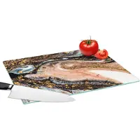 KitchenYeah Glazen Snijplank - 39x28 - Marmerlook - Goud - Zwart - Glitter - Chic - Snijplanken Glas