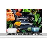 KitchenYeah Spatscherm keuken 100x65 cm - Kookplaat achterwand Kruiden - Lepels - Keuken - Specerijen - Muurbeschermer - Spatwand fornuis - Hoogwaardig aluminium