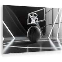 MuchoWow Glasschilderij 90x60 cm - Schilderij acrylglas - Basketbal - Basketbalveld - Lichtlijnen - Foto op glas - Muurdecoratie woonkamer - Wanddecoratie slaapkamer - Schilderijen