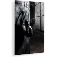 MuchoWow Glasschilderij 100x150 cm - Schilderij acrylglas - Bokshandschoenen - Muur - Duister - Zwart - Foto op glas - Muurdecoratie woonkamer - Wanddecoratie slaapkamer - Schilderijen