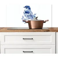 KitchenYeah Spatscherm keuken 90x45 cm - Kookplaat achterwand Vogel - Delfts blauw - Illustratie - Bloemen - Muurbeschermer - Spatwand fornuis - Hoogwaardig aluminium