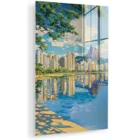 MuchoWow Glasschilderij 40x60 cm - Schilderij acrylglas - Berg - Skyline - Strand - Water - Foto op glas - Muurdecoratie woonkamer - Wanddecoratie slaapkamer - Schilderijen