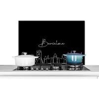 KitchenYeah Spatscherm keuken 90x60 cm - Kookplaat achterwand Skyline - Barcelona - Zwart wit - Spanje - Muurbeschermer - Spatwand fornuis - Hoogwaardig aluminium