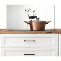 KitchenYeah Spatscherm keuken 90x45 cm - Kookplaat achterwand Bladeren - Zwart - Lotusbloem - Minimalitisch - Muurbeschermer - Spatwand fornuis - Hoogwaardig aluminium