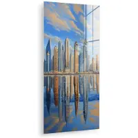 MuchoWow Glasschilderij 40x80 cm - Schilderij acrylglas - Skyline - Wolkenkrabbers - Water - Blauw - Foto op glas - Muurdecoratie woonkamer - Wanddecoratie slaapkamer - Schilderijen