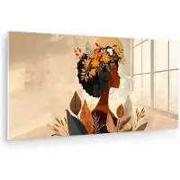 MuchoWow Glasschilderij 120x60 cm - Schilderij acrylglas - Vrouw - Krullen - Bloemen - Beige - Foto op glas - Muurdecoratie woonkamer - Wanddecoratie slaapkamer - Schilderijen