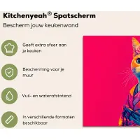 KitchenYeah Spatscherm keuken 60x40 cm - Kookplaat achterwand Kat - Kimono - Bloemen - Roze - Muurbeschermer - Spatwand fornuis - Hoogwaardig aluminium