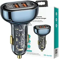 Usams Laadadapter. Universeel. 2x USB + 1x USB-C. 125W snelladen. Transparant, blauw. Model: CC158CC02 (US-CC158)