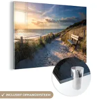 MuchoWow - Glasschilderij - Acrylplaat - Strand - Zee - Duin - Bankje - Acrylglas - Foto op glas - Wanddecoratie - 180x120 cm - Glasschilderij zee - Muurdecoratie