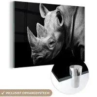 MuchoWow - Glasschilderij - Foto op glas - Schilderij glas - Acrylglas - Dieren - Neushoorn - Zwart - Wit - Muurdecoratie - 180x120 cm - Woonkamer - Wanddecoratie dieren - Woondecoratie