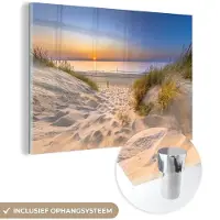 MuchoWow Glasschilderij - Acrylplaat - Strand - Duinen - Zonsondergang - Glasschilderij zee - 180x120 cm - Acrylglas - Wanddecoratie - Schilderij glas - Foto op glas