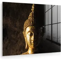 MuchoWow Glasschilderij - Foto op glas - Buddha beeld - Goud - Boeddha - Spiritueel - Schilderij glas - Wanddecoratie - 160x120 cm - Acrylglas - Glasschilderij binnen - Muurdecoratie