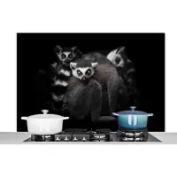 KitchenYeah Spatscherm keuken 120x80 cm - Kookplaat achterwand Dieren - Maki - Zwart - Wit - Portret - Muurbeschermer - Spatwand fornuis - Hoogwaardig aluminium