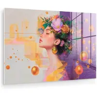 MuchoWow Glasschilderij 180x120 cm - Schilderij acrylglas - Abstract - Vrouw - Bloemenkroon - Goud - Foto op glas - Muurdecoratie woonkamer - Wanddecoratie slaapkamer - Schilderijen