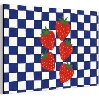 MuchoWow Aluminium schilderij 180x120 cm - Wanddecoratie metaal - Geblokt - Blauw - Aardbeien - Metalen muurdecoratie woonkamer - Decoratie industrieel - Foto op dibond - Industriële accessoires slaapkamer