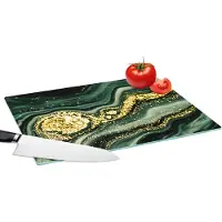 KitchenYeah Glazen Snijplank - 39x28 - Marmer - Goud - Glitter - Groen - Marmerlook - Luxe - Snijplanken Glas
