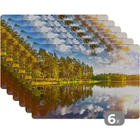 KitchenYeah Placemats - Water - Natuur - Bomen - Bos - Placemats kunststof - 45x30 cm - Placemats zwart - 6 stuks