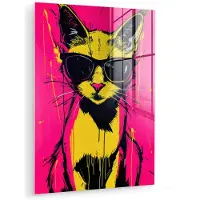 MuchoWow Glasschilderij 120x160 cm - Schilderij acrylglas - Kat - Art - Zonnebril - Roze - Foto op glas - Muurdecoratie woonkamer - Wanddecoratie slaapkamer - Schilderijen