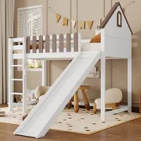 Merax Hoogslaper met dak en ramen - met drie treden - jeugdbed - kinderbed met glijbaan - wit walnoot - 90x200 cm - zonder matras