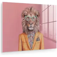 MuchoWow Glasschilderij 160x120 cm - Schilderij acrylglas - Leeuw - Pak - Geruit - Bril - Foto op glas - Muurdecoratie woonkamer - Wanddecoratie slaapkamer - Schilderijen