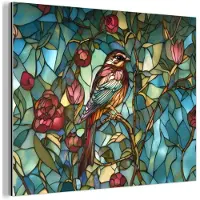 MuchoWow Aluminium schilderij 160x120 cm - Wanddecoratie metaal - Vogel - Tak - Rozen - Mozaïek - Metalen muurdecoratie woonkamer - Decoratie industrieel - Foto op dibond - Industriële accessoires slaapkamer