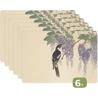 KitchenYeah Placemats - 6 stuks - 45x30 cm - Placemat kunststof - Specht - Bloemen - Paars - Borden onderleggers - Decoratie voor op tafel - Keuken tafeldecoratie accessoires - Vinyl onderlegger - Tafelversiering