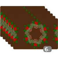 KitchenYeah Placemat - Placemats kunststof - Kerstkrans - Hulst - Patronen - 45x30 cm - 6 stuks - Hittebestendig - Anti-Slip - Onderlegger - Afneembaar