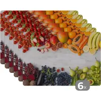 KitchenYeah Placemat - Placemats kunststof - Fruit - Regenboog - Aardbei - Druiven - Papaya - 45x30 cm - 6 stuks - Hittebestendig - Anti-Slip - Onderlegger - Afneembaar