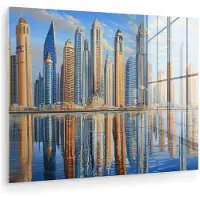 MuchoWow Glasschilderij 160x120 cm - Schilderij acrylglas - Skyline - Wolkenkrabbers - Water - Blauw - Foto op glas - Muurdecoratie woonkamer - Wanddecoratie slaapkamer - Schilderijen