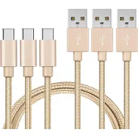 Phonillico 3x USB C naar USB A Nylon Gevlochten Kabel Goud - 1 meter - Oplaadkabel voor Xiaomi REDMI 10 / REDMI 9 / REDMI 9T / REDMI 8 / REDMI 8A
