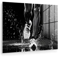 MuchoWow Glasschilderij 160x120 cm - Schilderij acrylglas - Hardloopschoenen - Rennen - Druppels - Zwart - Foto op glas - Muurdecoratie woonkamer - Wanddecoratie slaapkamer - Schilderijen