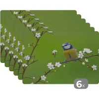 KitchenYeah Placemat - Placemats kunststof - Pimpelmees - Tak - Bloemen - Bloesem takken - Vogel - 45x30 cm - 6 stuks - Hittebestendig - Anti-Slip - Onderlegger - Afneembaar