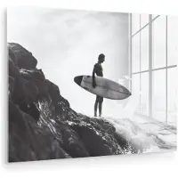MuchoWow Glasschilderij 160x120 cm - Schilderij acrylglas - Surfer - Rots - Oceaan - Golven - Foto op glas - Muurdecoratie woonkamer - Wanddecoratie slaapkamer - Schilderijen