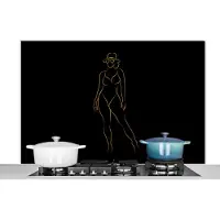 KitchenYeah Spatscherm keuken 120x80 cm - Kookplaat achterwand Zonnebril - Zwart - Goud - Line art - Muurbeschermer - Spatwand fornuis - Hoogwaardig aluminium